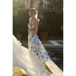 V. CHAPMAN VERA RUFFLE-STRAP CORSET SIDE-SLIT BLUE FLORAL MIDI DRESS SIZE 10